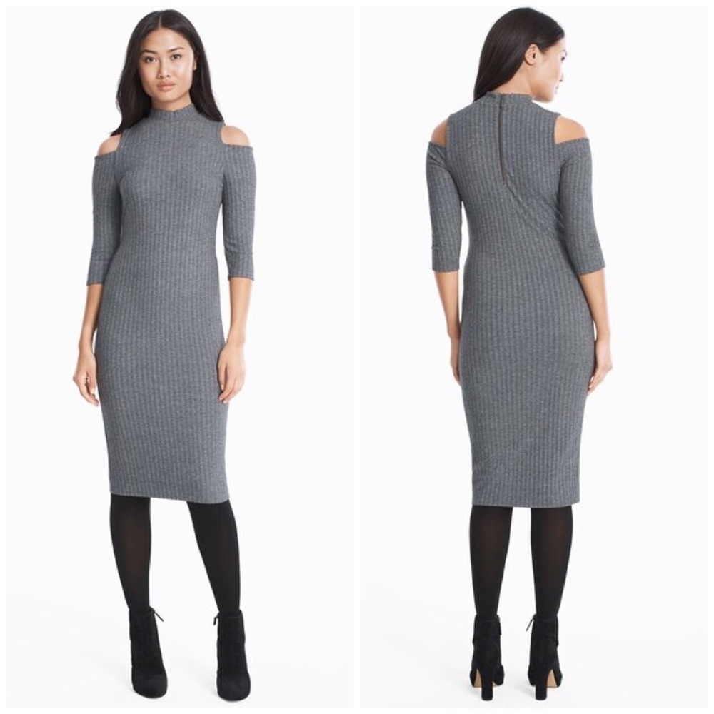 WHBM 3/4-Sleeve Cold Shoulder Mock Neck Ribbed Sheath Dress